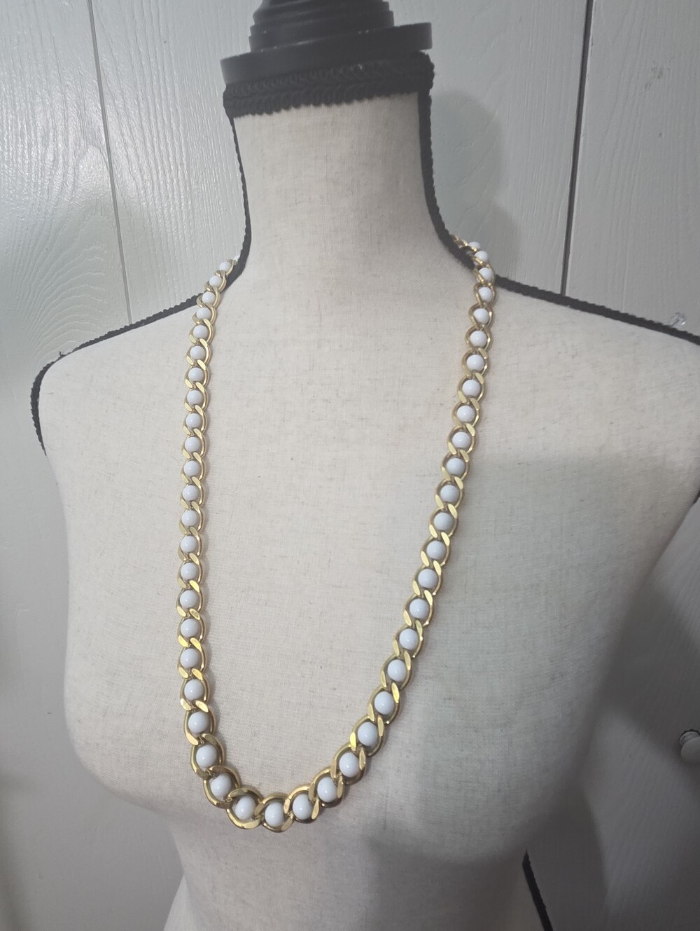 vtg napier long white glass caged beaded necklace 28in 70s elegant classic